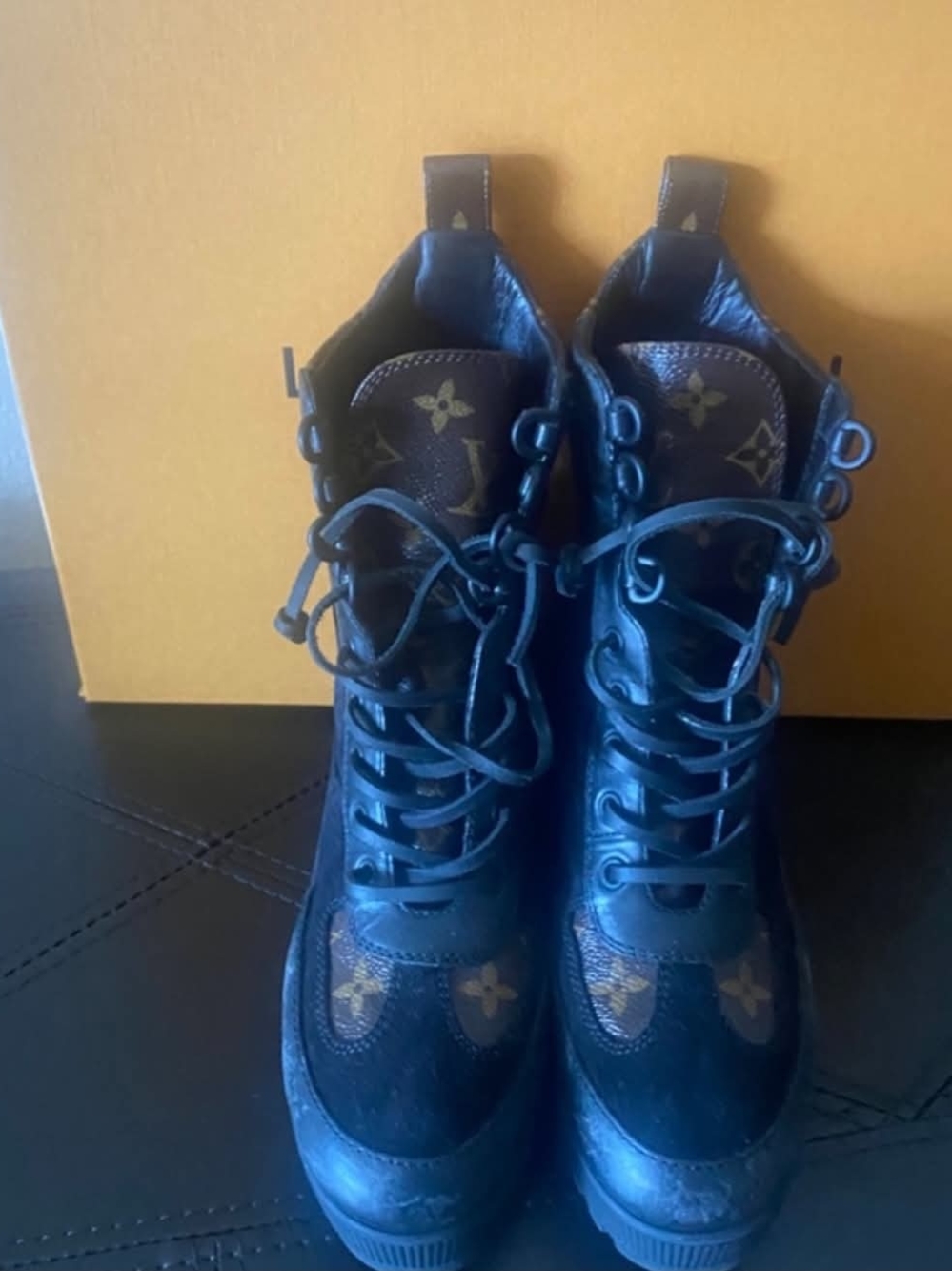 Louis Vuitton Black and Brown Monogram Combat Boots